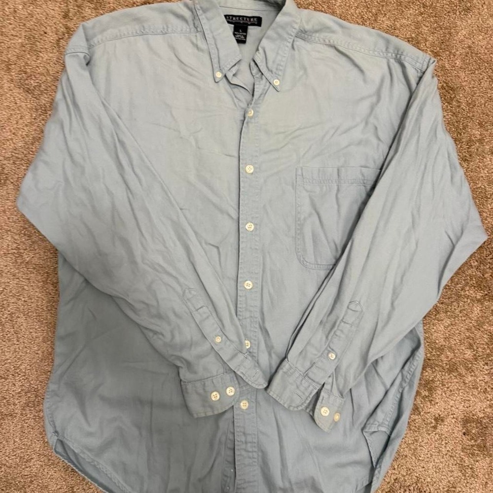 Structure Mens Long Sleeve Button Down Shirt Light Blue 100% Cotton Large